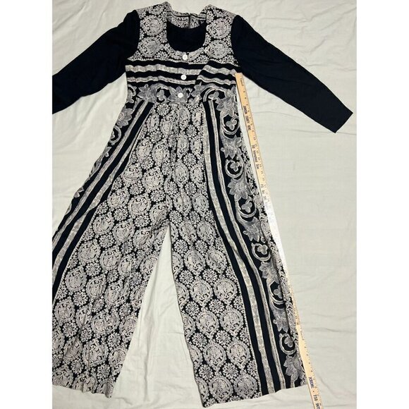 Vintage Melissa Women's Size 6 Black White Wide Leg Floral Long Sleeve Jumpsuit - Picture 7 of 12